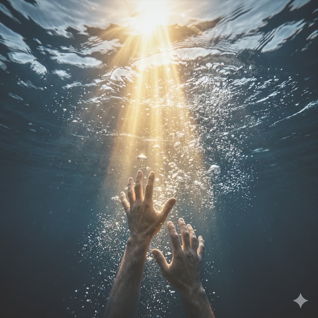 Due mani tese verso l’alto sott’acqua, controluce, le bolle che salgono verso la superficie